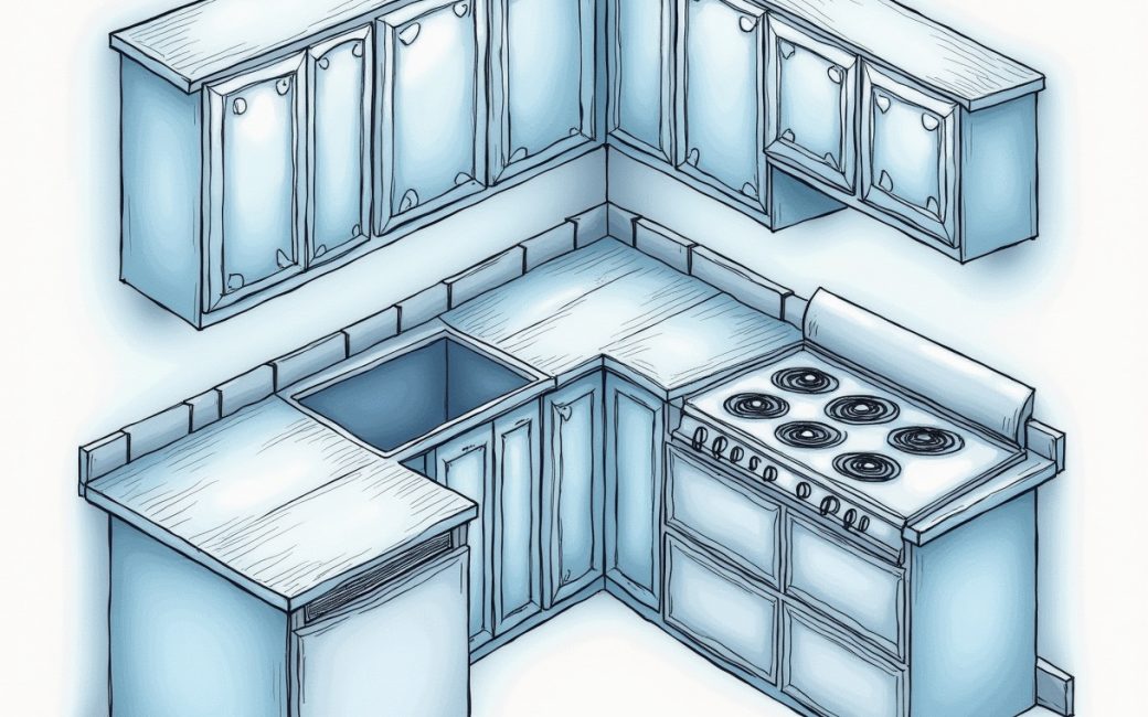 Kitchen cabinets with damaged door fronts but intact box structure