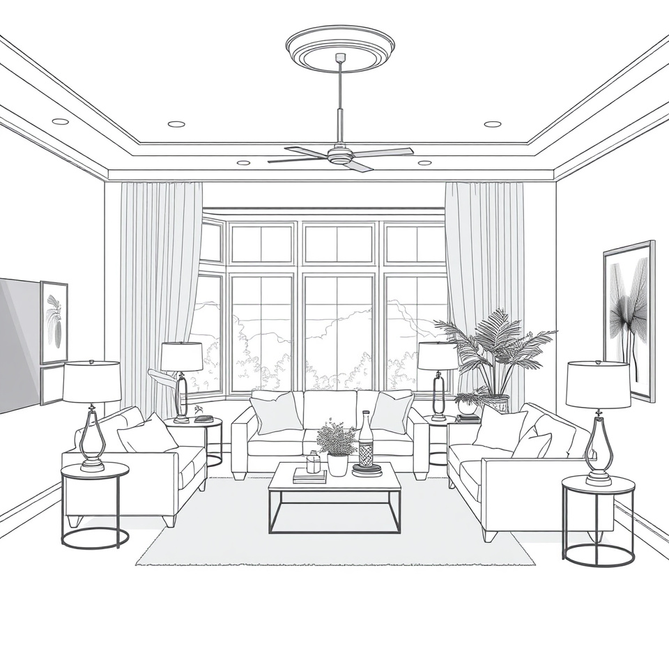 Softly lit living room with warm walls and multiple lamp sources