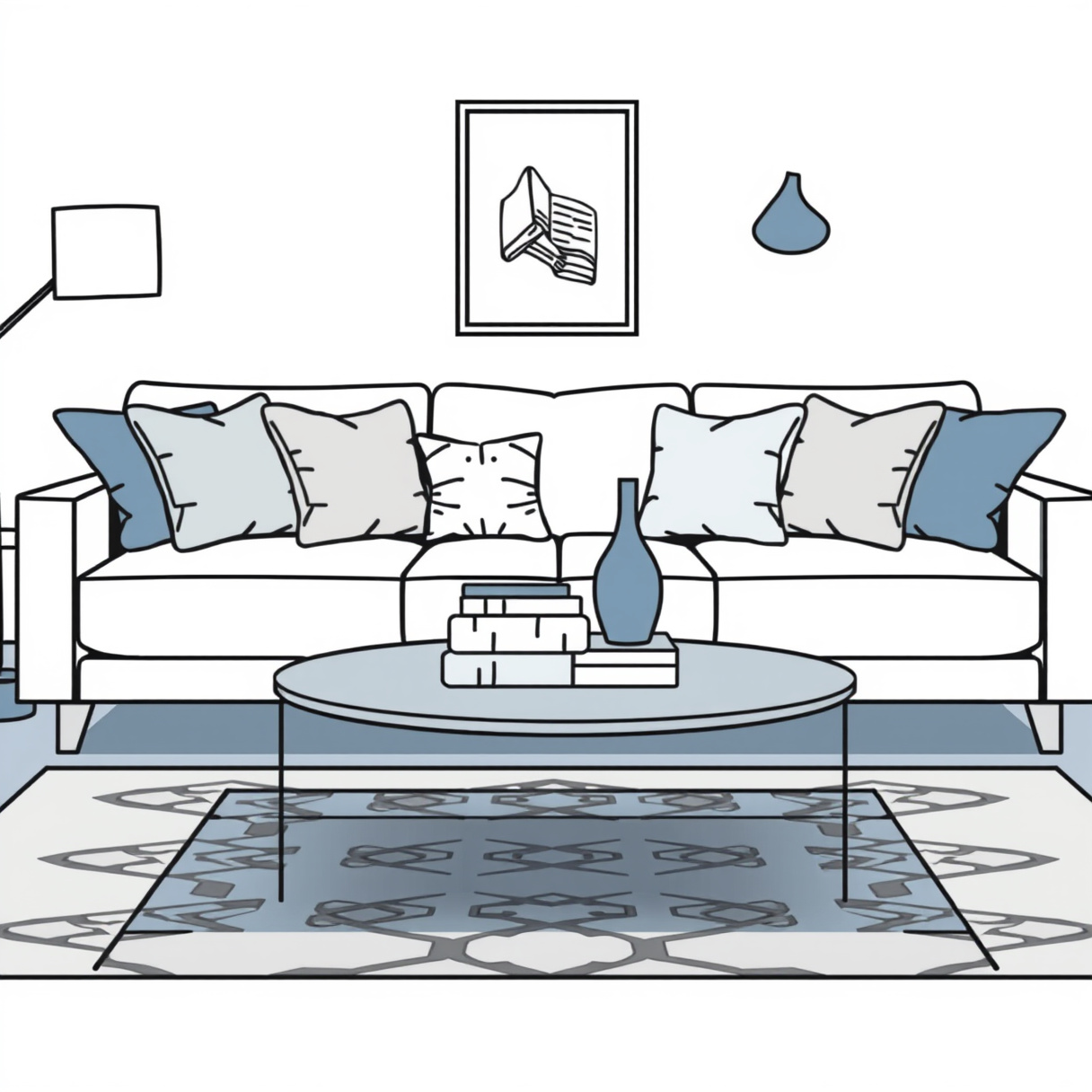 A styled living room showing balanced color proportions and thoughtfully arranged coffee table accessories