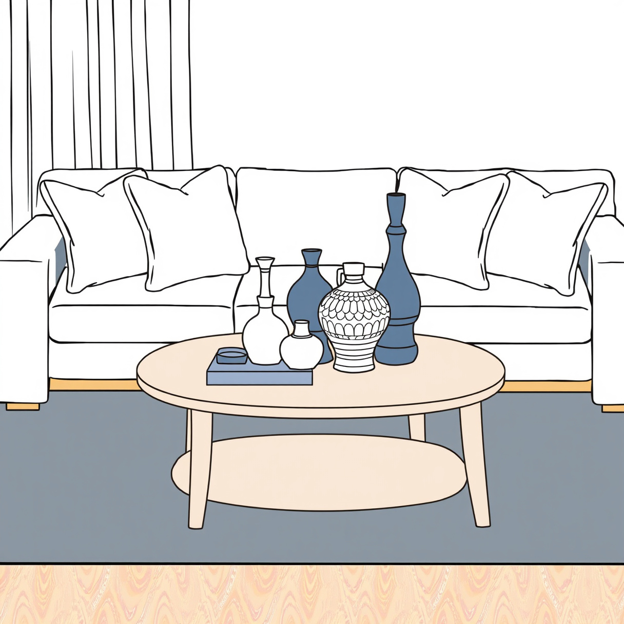 Coffee table styled with odd-numbered grouping of accessories at varied heights