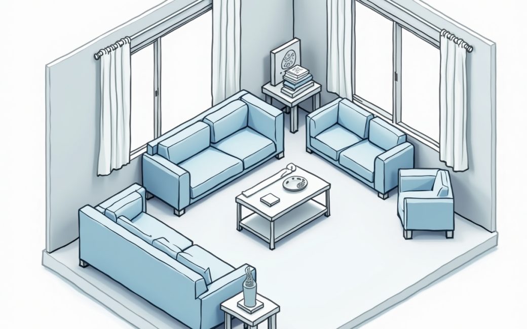 Living room with appropriately scaled furniture arranged to create open walking paths