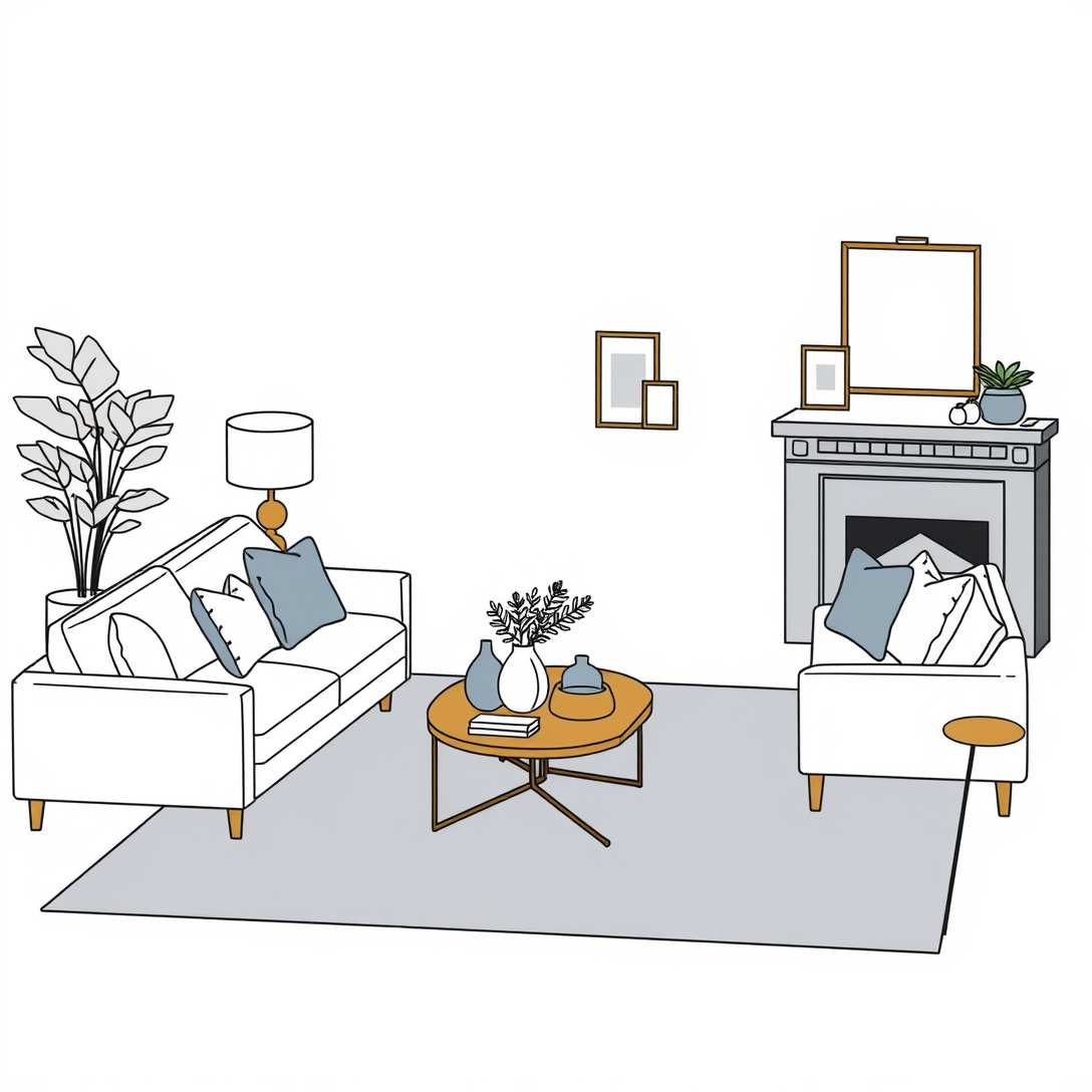 Living room with coordinated color scheme and intentionally grouped decorative objects