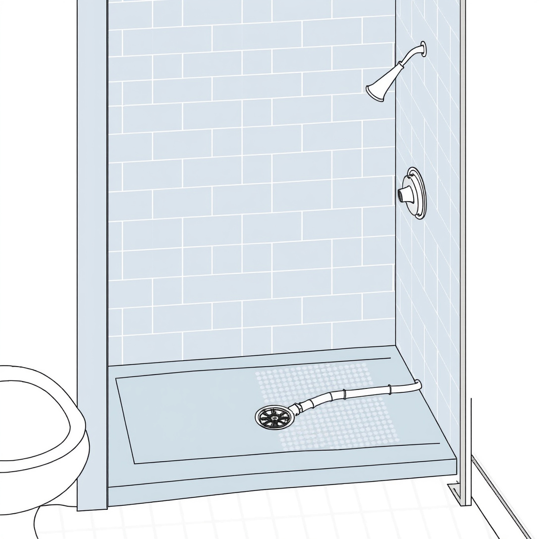 Finished tile shower installation with new drain and waterproofing complete