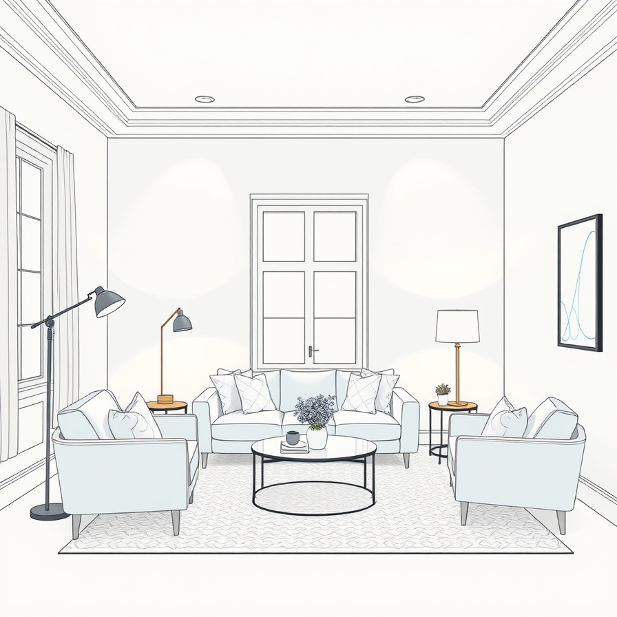 A bright living room with light-colored walls and multiple light sources illuminating the space evenly