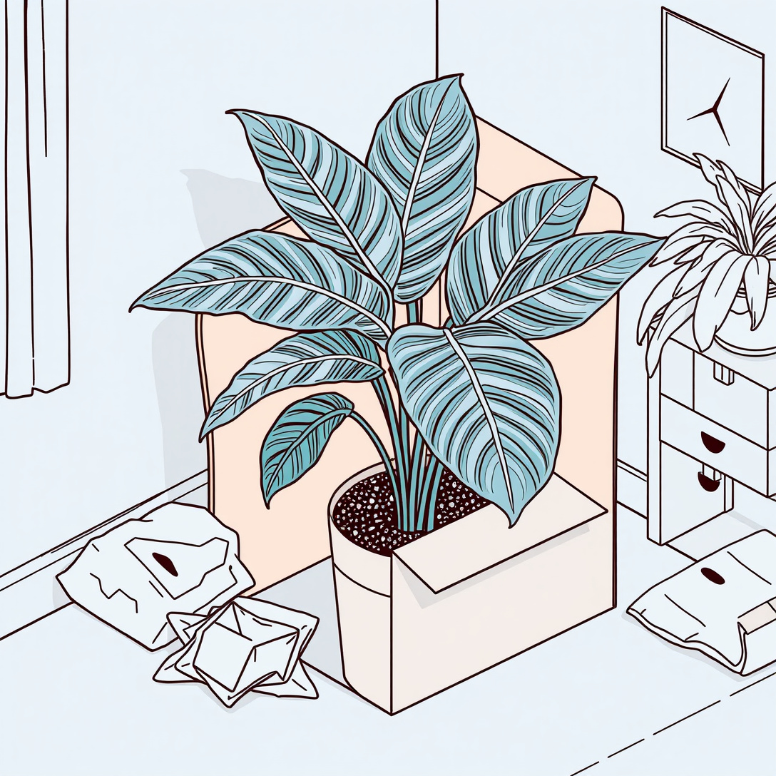 Monstera deliciosa plant partially removed from a shipping box surrounded by protective packing materials