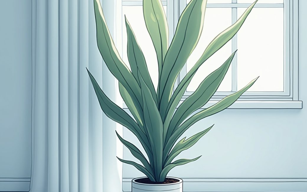 Snake plant with pointed green leaves standing in a dimly lit room near a north-facing window