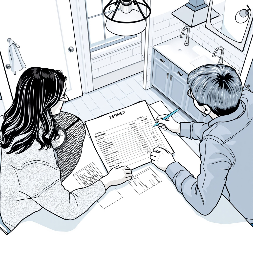 A homeowner examining a detailed bathroom remodel estimate with cost breakdown.