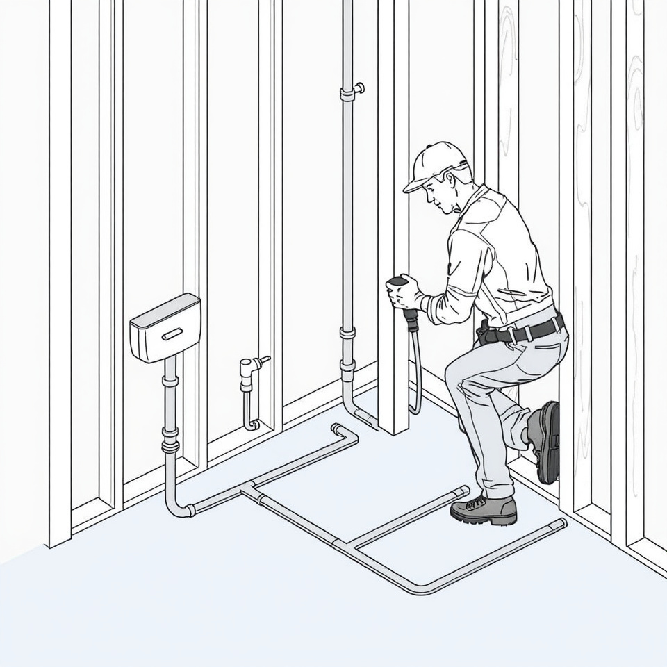 A plumber installing new plumbing rough-in inside open bathroom walls and floor framing.
