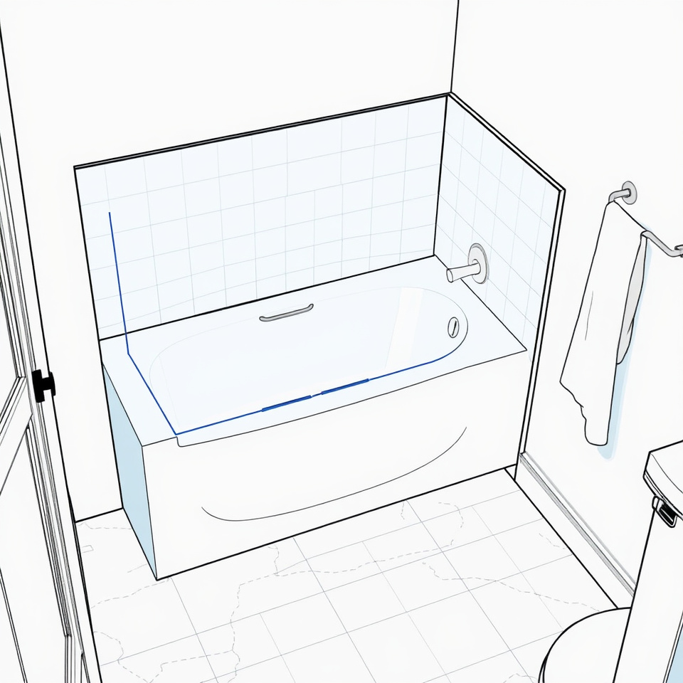 A contractor fitting an acrylic tub surround overlay into an existing bathtub alcove.