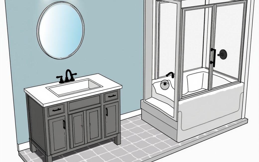 A renovated bathroom with updated fixtures, flooring, and finishes within the original plumbing layout.