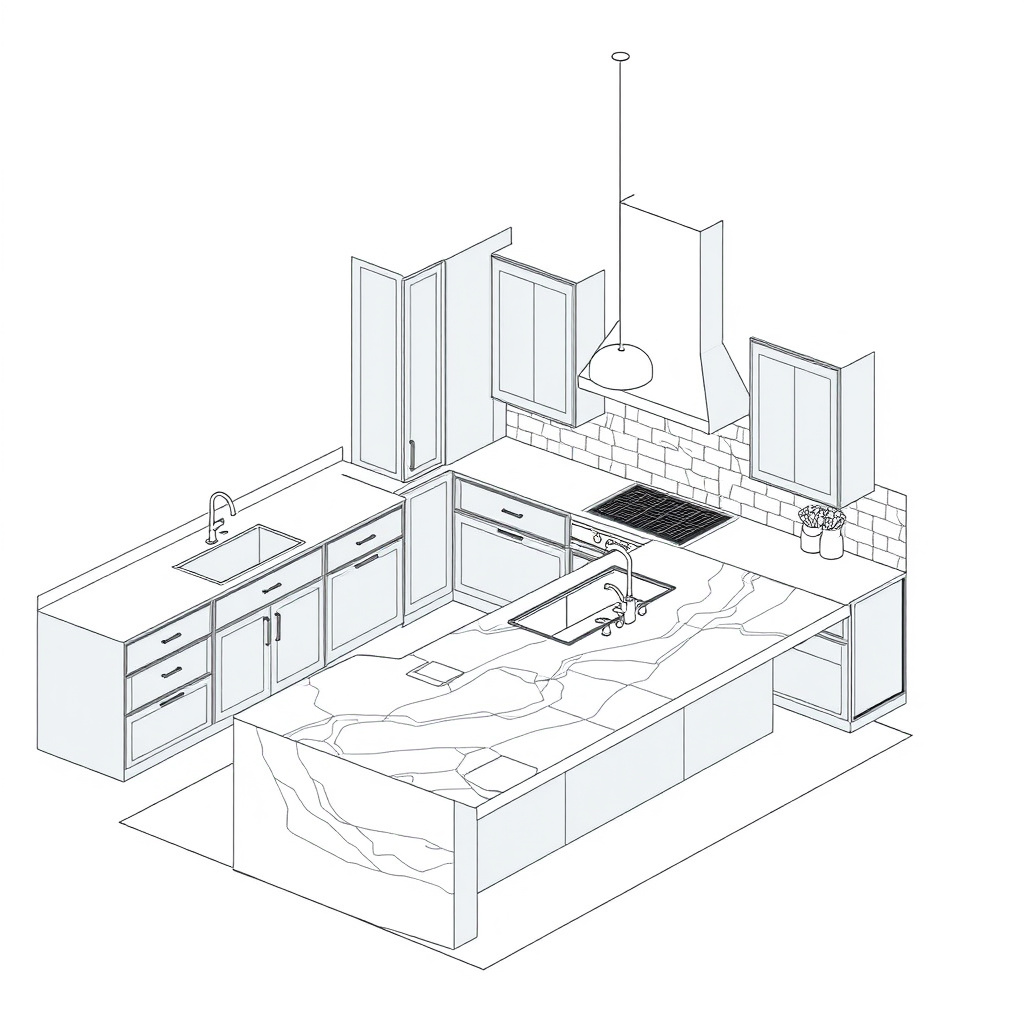 Modern kitchen with prominent island and cabinetry surfaces