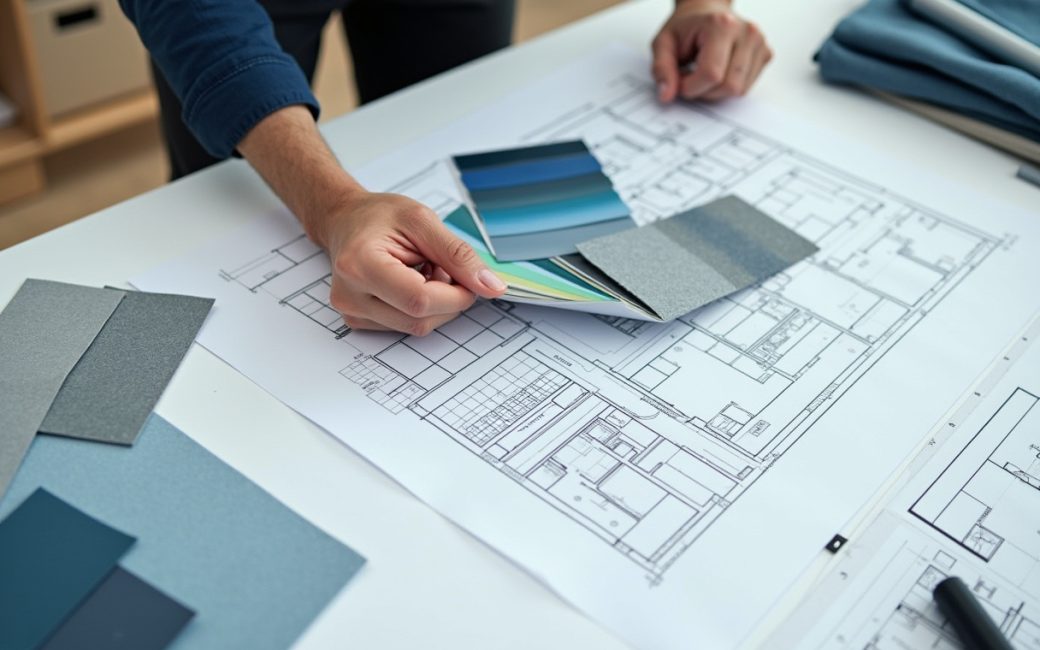 Interior designer working with materials and design documents at a desk