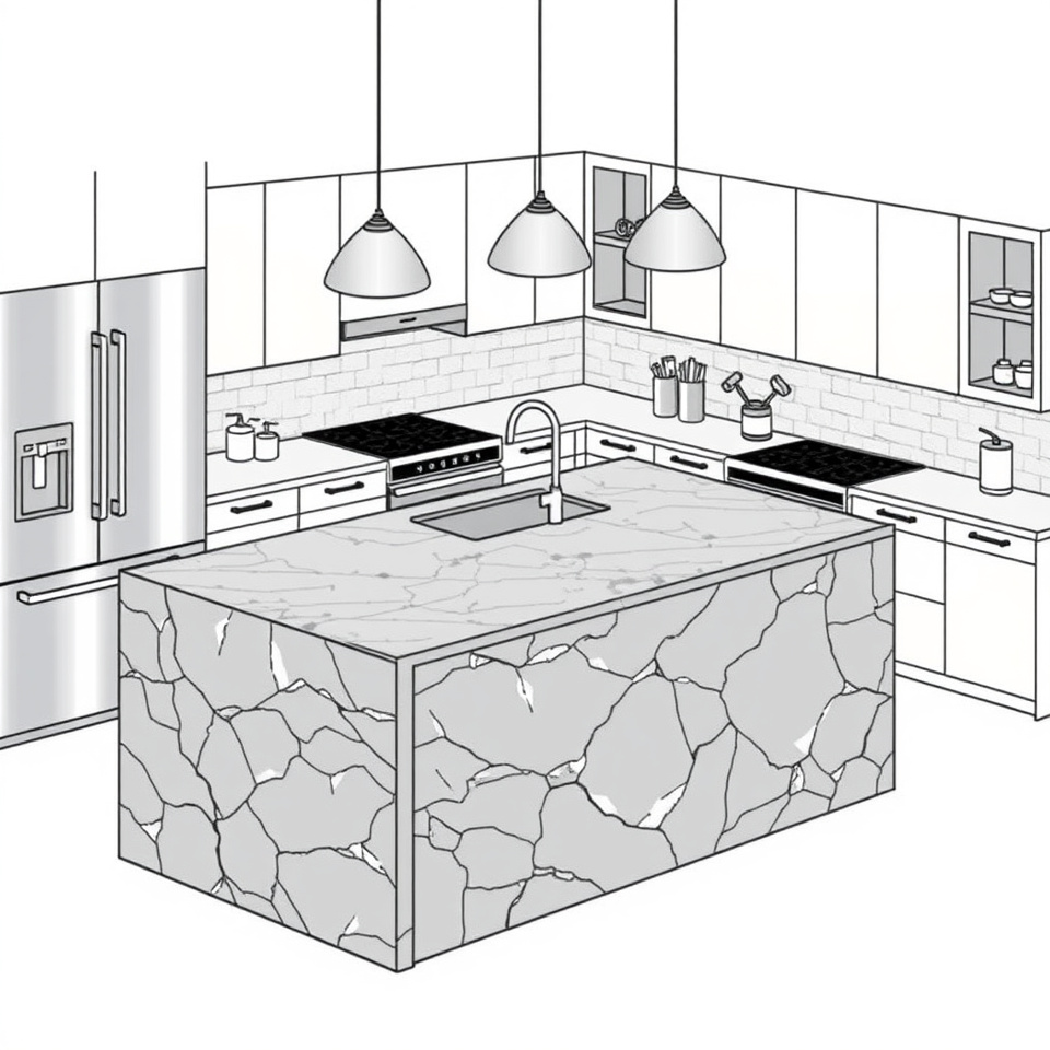 Kitchen with prominent natural stone island and coordinated finishes working with the stone as the dominant material.
