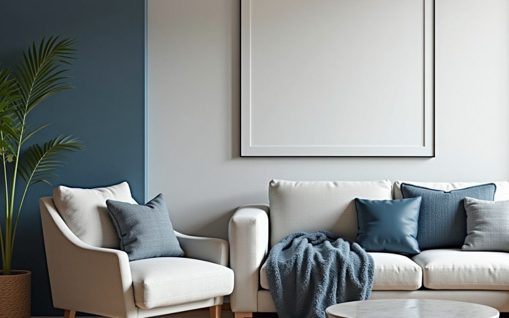 Living room with varied wall finishes, textured furniture, and natural stone accents showing tactile contrast.